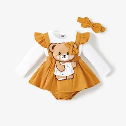 PatPat 2pcs Baby Girl 100% bawełniane body w miśki wykończone frędzlami graficzny z długim rękawem Faux-two Romper i zestaw opasek podstawowy styl