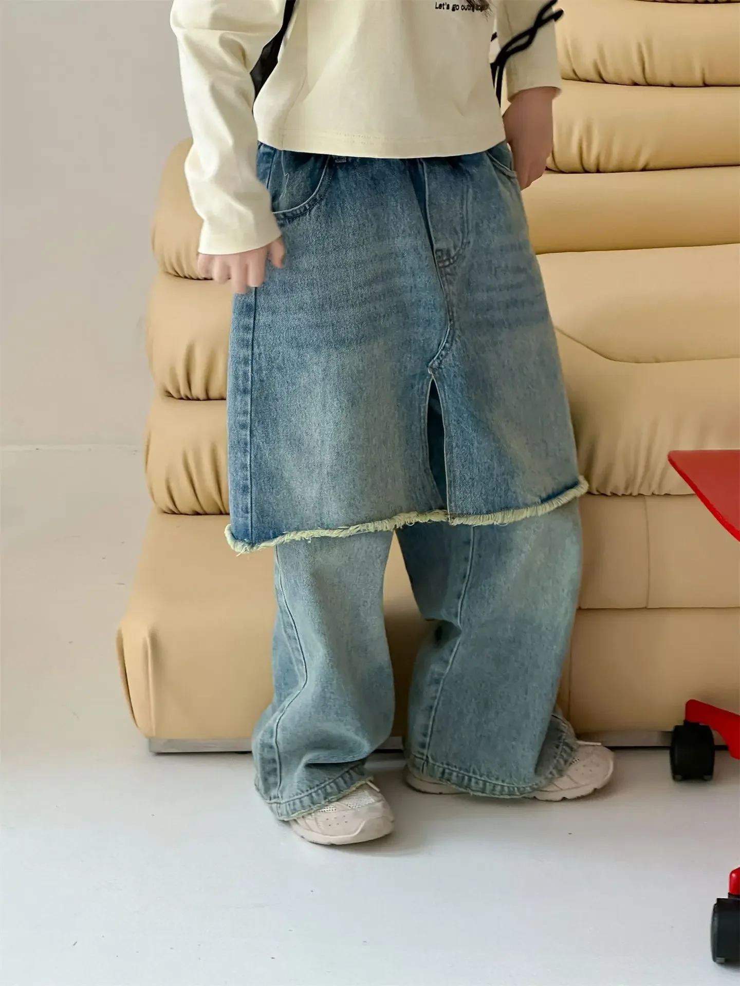 Pantaloni per ragazze 2024 autunno nuovi vestiti per bambini stile coreano ragazze bambino stile straniero falso due Jeans Casual semplice tutto-fiammifero