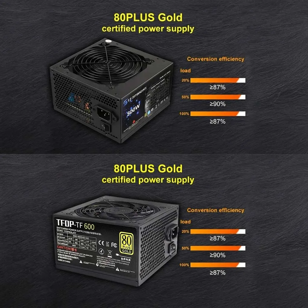 500/600W ATX Power Supply 80Plus Gold PSU Active PFC 120mm FDB Fan For Mid Tower Computer Case Desktop PC Server