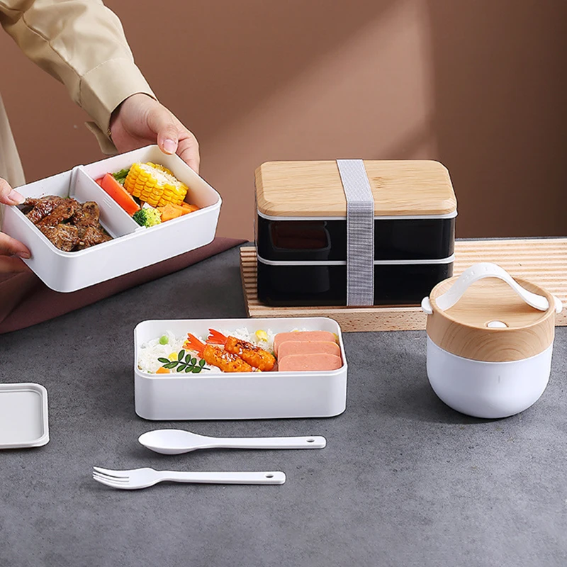 Double Layered Wood Grain Lunch Box Microwave Oven Sealed Leak Proof Bento Box Tableware Outdoor Children Tableware Gifts