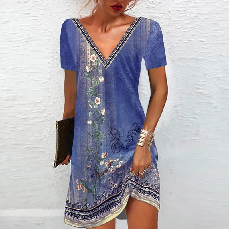 Mini vestido boho com decote em v feminino, estampa vintage, flor, elegante, solto, praia, feriado, verão