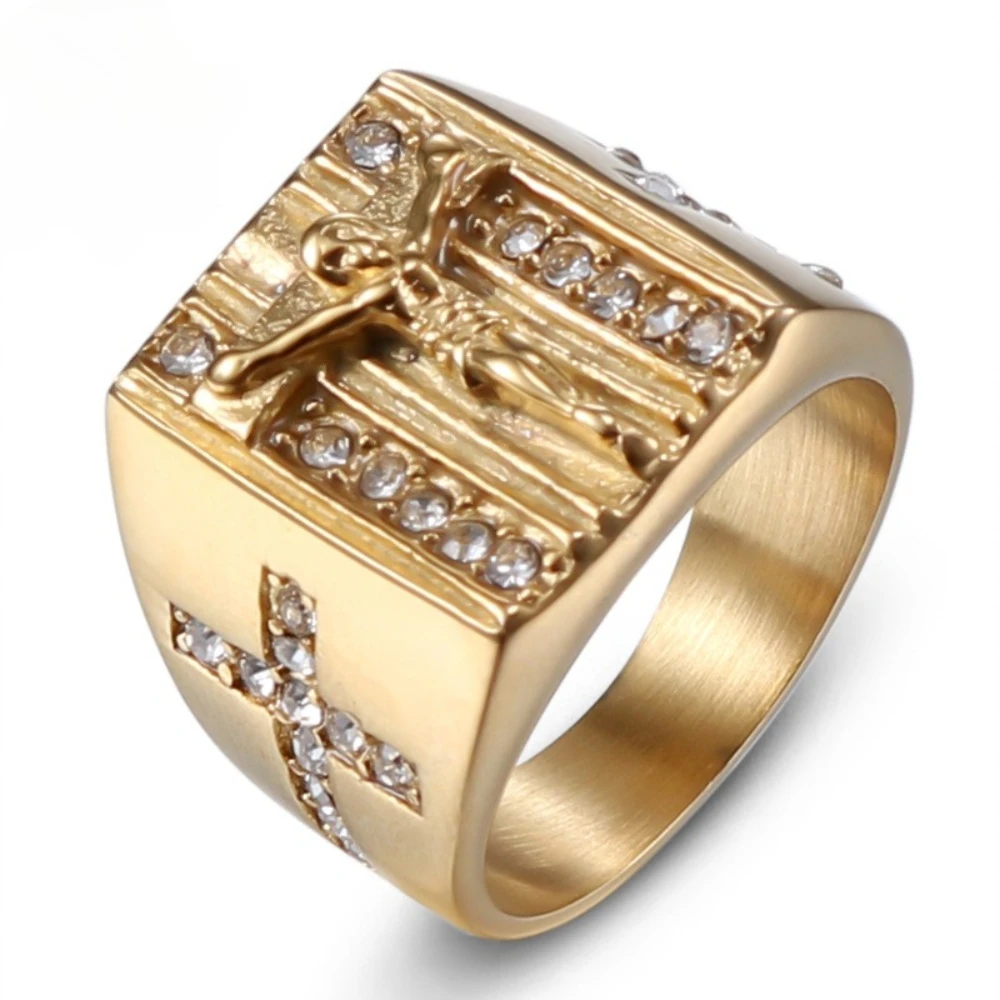 

18K Gold Plated Jesus Cross Ring, Stainless Steel CZ Inlaid Signet Ring, Hip Hop Religious Statement Jewelry for Men