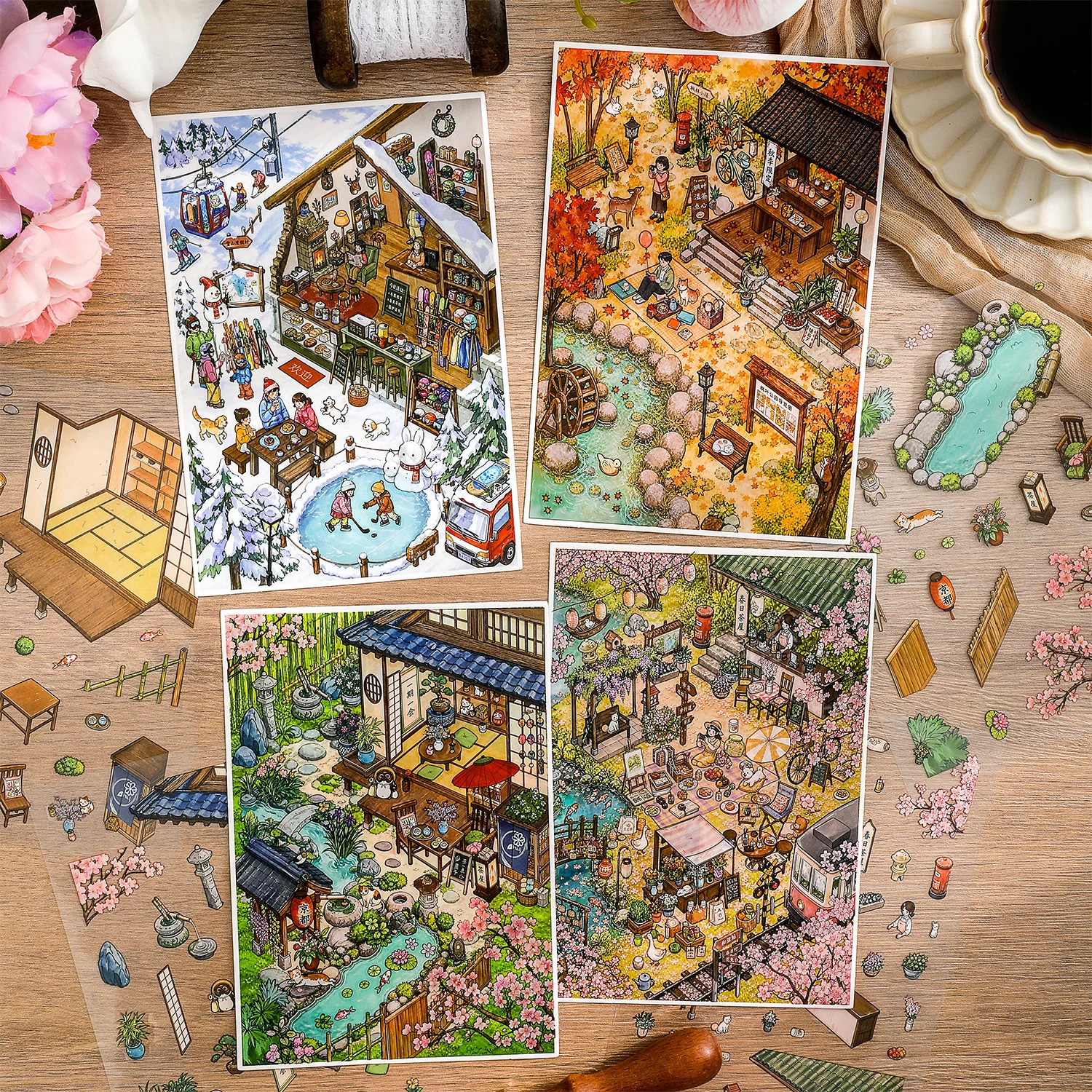 Four‑Season Nature Scene Pattern Collage Sheets, Decorative Stickers for Diary Scrapbook Hand‑craft Project