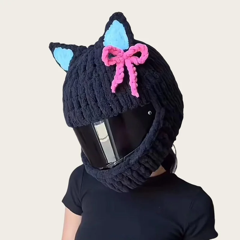 Cute and stylish little devil horn ski hat cycling headgear thick knitted helmet cover trendy and cool personalized fashion