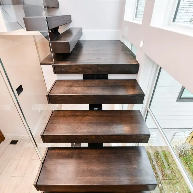 custom.Walnut Slab Wood Stairs Floating and Straight Stairs with American Red Oak Tread House