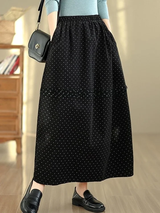 

Осенне-зимняя женская юбка большого размера с деревянными сращиваниями в горошек, длинная юбка трапециевидной формы с эластичной резинкой на талии, повседневная хлопковая юбка Dr