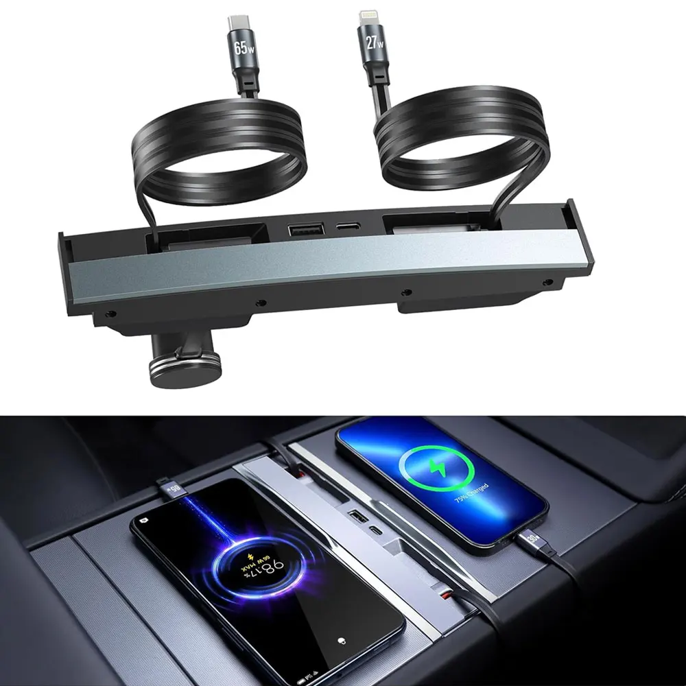 

USB-концентратор для Tesla Model Y Juniper 2025 Быстрое зарядное устройство Model 3 Highland Зарядное устройство-концентратор 4 порта Выдвижное зарядное устройство для телефона USB-концентратор