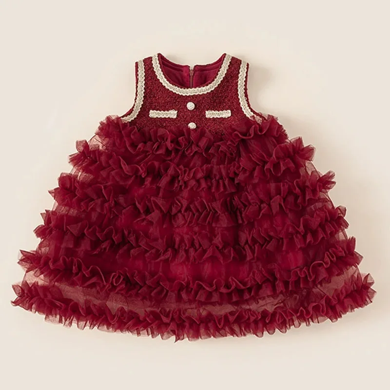 

Autumn Winter Luxury Dresses For Girls Korean Fashion Mesh Sleeveless Princess Birthday Baby Dress Boutique Kids Clothing B388