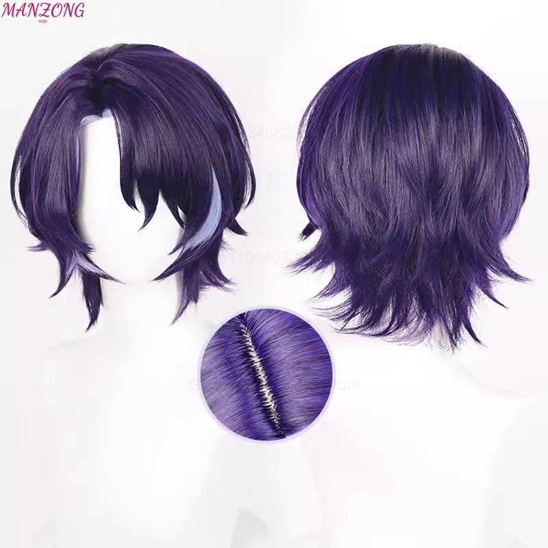 HSR Dr Ratio Cosplay Wig 33cm, Wig warna campur ungu, rambut sintetis tahan panas