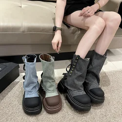 Lady Boots Women Shoes Autumn Flat Heel  Round Toe Boots-Women Lolita Med 2024 Rock Ankle Cowboy Rome Slip-On PVC Denim Solid PU