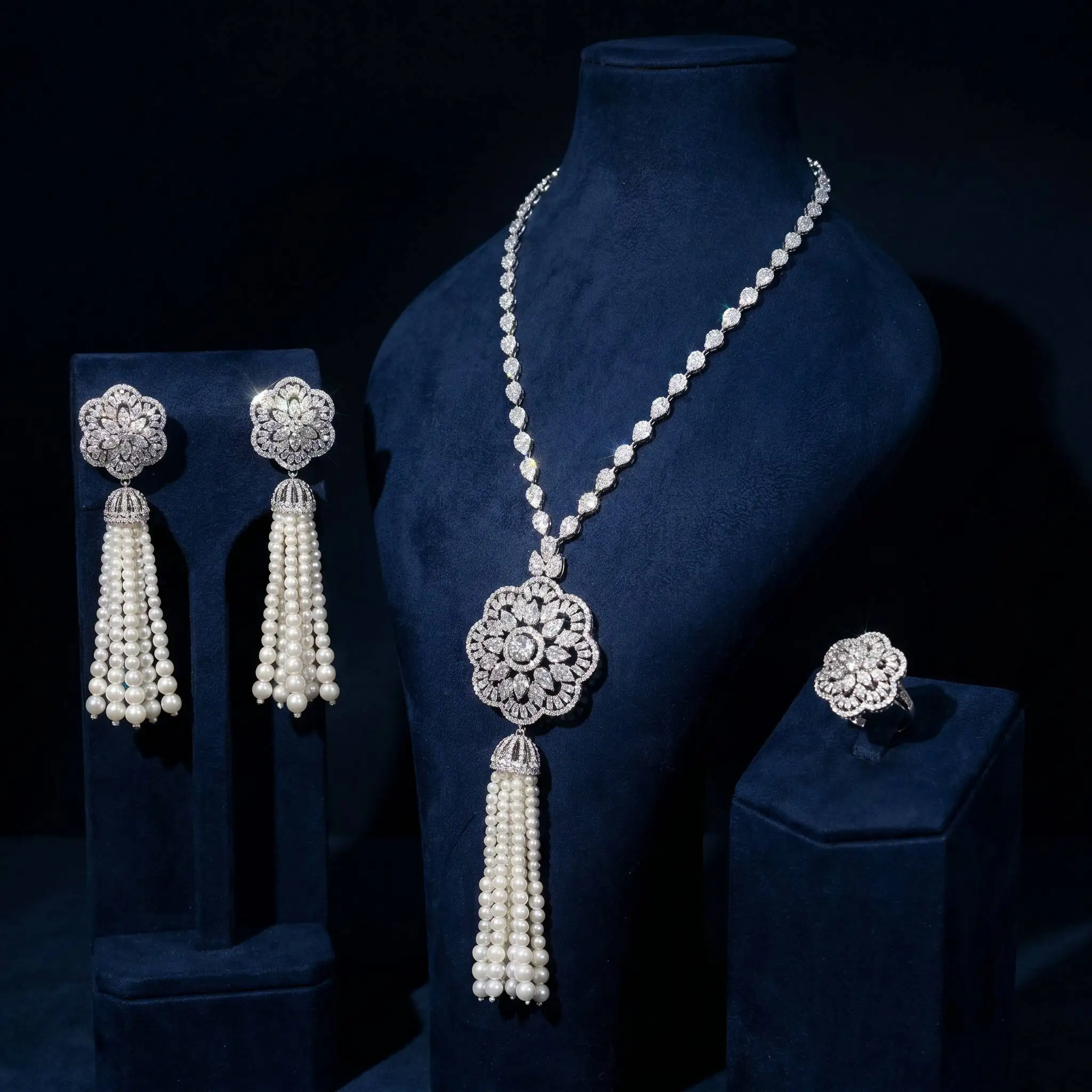 Bride Talk Luxury 3PCS Pearl Tassel Fringe Jewelry Set Flower Floral Medallion CZ Zirconia Dubai African Wedding Accessories