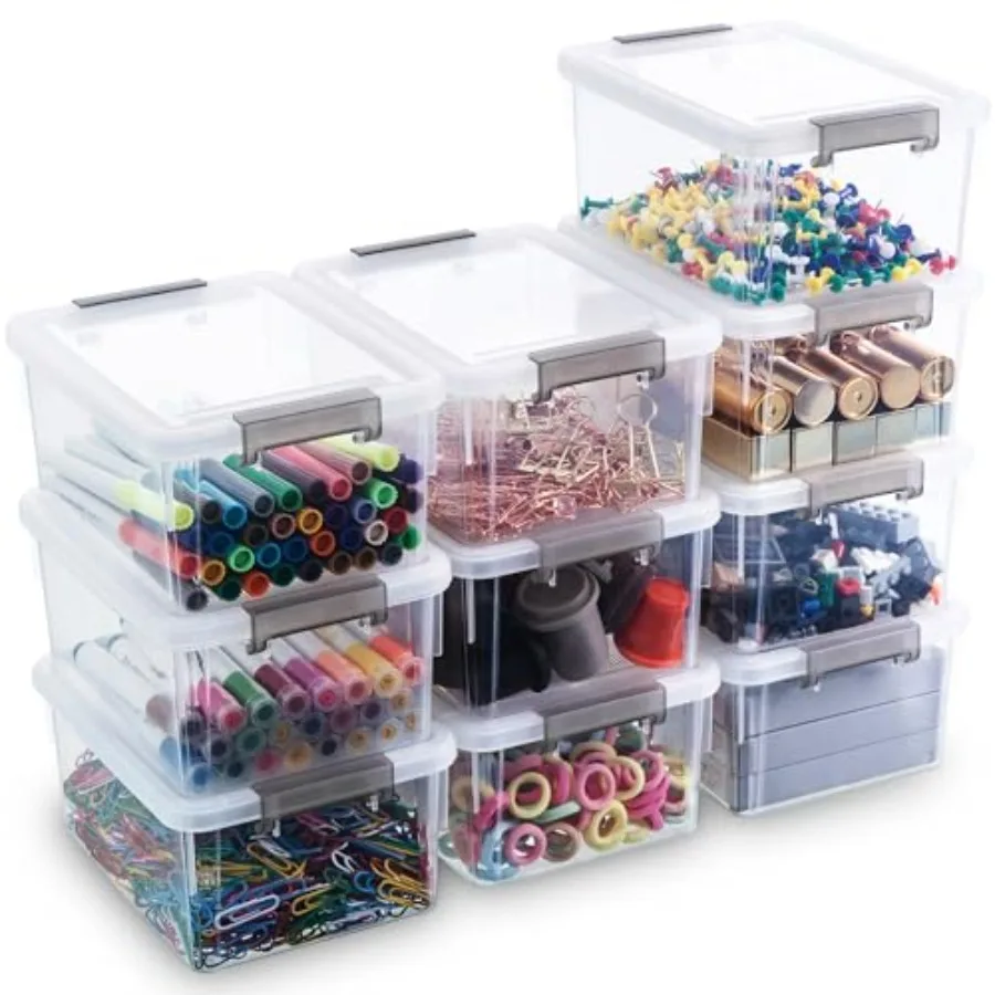 

Набор из 10 маленьких пластиковых контейнеров для хранения объемом 1,3 кварты, штабелируемые коробки с крышками для организации, прозрачные, белые
