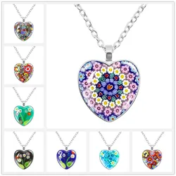 Murano Millefiori Heart Pendant Necklace MultiColour Flower Glass Cabochon Necklace Jewelry For Women Men Gift Wholesale