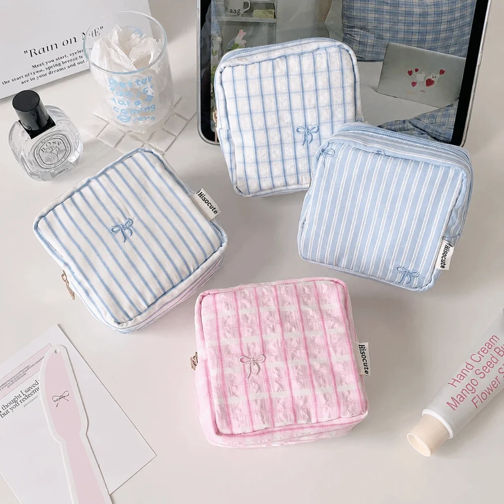 Striped Mini Cosmetic Bag Embroidery Bow Knot Zipper Toiletry Organizer Large Capacity Multipurpose