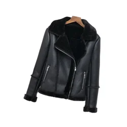 Black Short PU Leather Jacket Winter Women Warm Faux Leather Jacket Motorcycle Long Sleeve Faux Fur Collar Thick Fluffy Coat XL