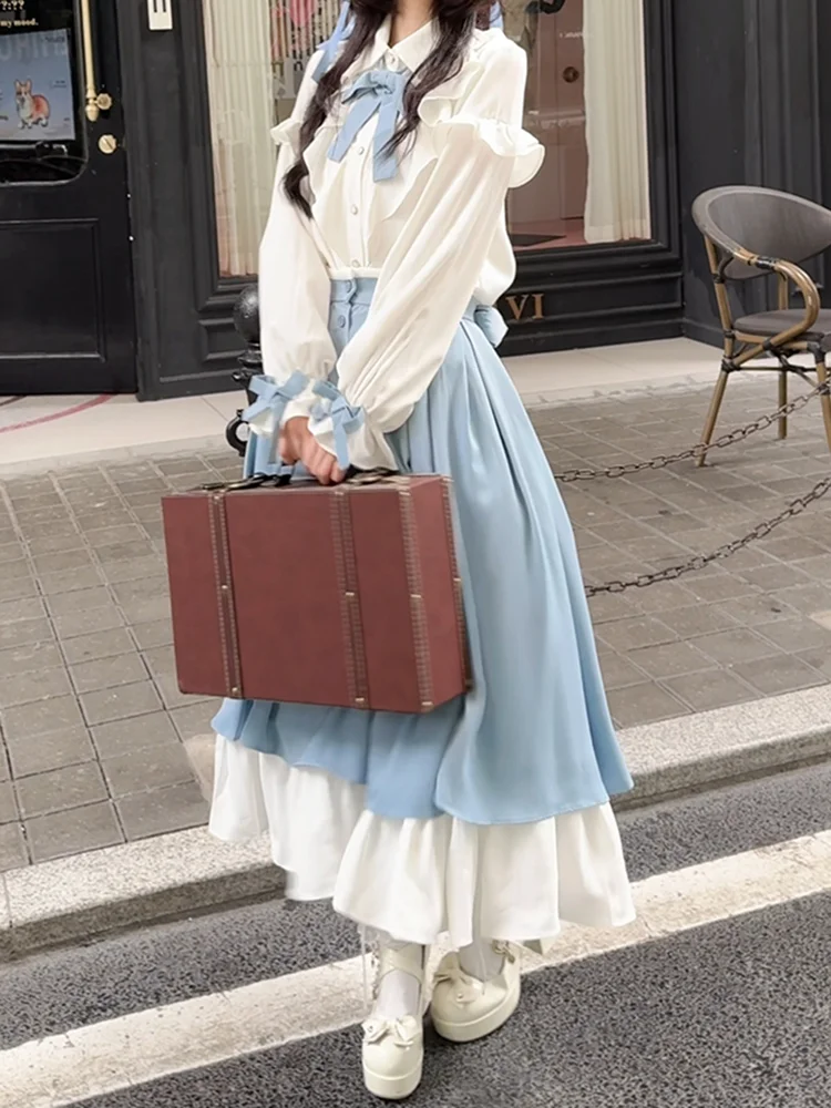 

Ele Ladylike Slimming Outfit Women's Autumn 2025 New White irt Blue ter Two-Piece Set High Waist Pure Color Long Sve