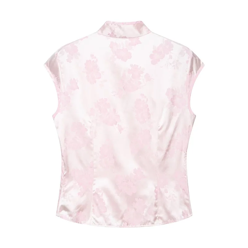 Women's Top 2026 Summer New Style Pink Jacquard Short-Sleeve Satin Texture Button Detail Top Elegant and Stylish