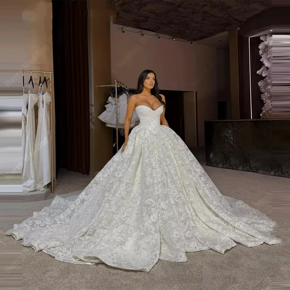 

Generous A-Line Women's Wedding Dresses Sweetheart Collar Lace Appliques Bride Gown Mopping Length Vestidos De Novias Customized