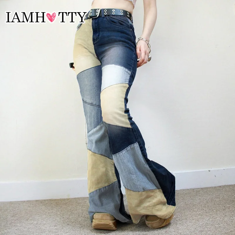 

IAMHOTTY Y2K Contrast Patchwork Jeans High Waist Skinny Flare Denim Pants Harajuku Streetwear Vintage Boot Cut Trousers Women