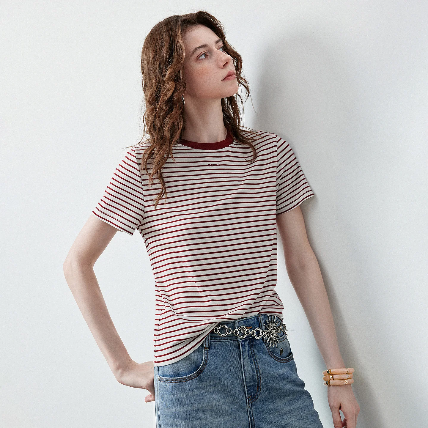 TOYOUTH Women T Shirt 2026 Summer New Lyocell Wool Stripe Red White Slim Fit Regular Shoulder Crew Neck Casual Tops