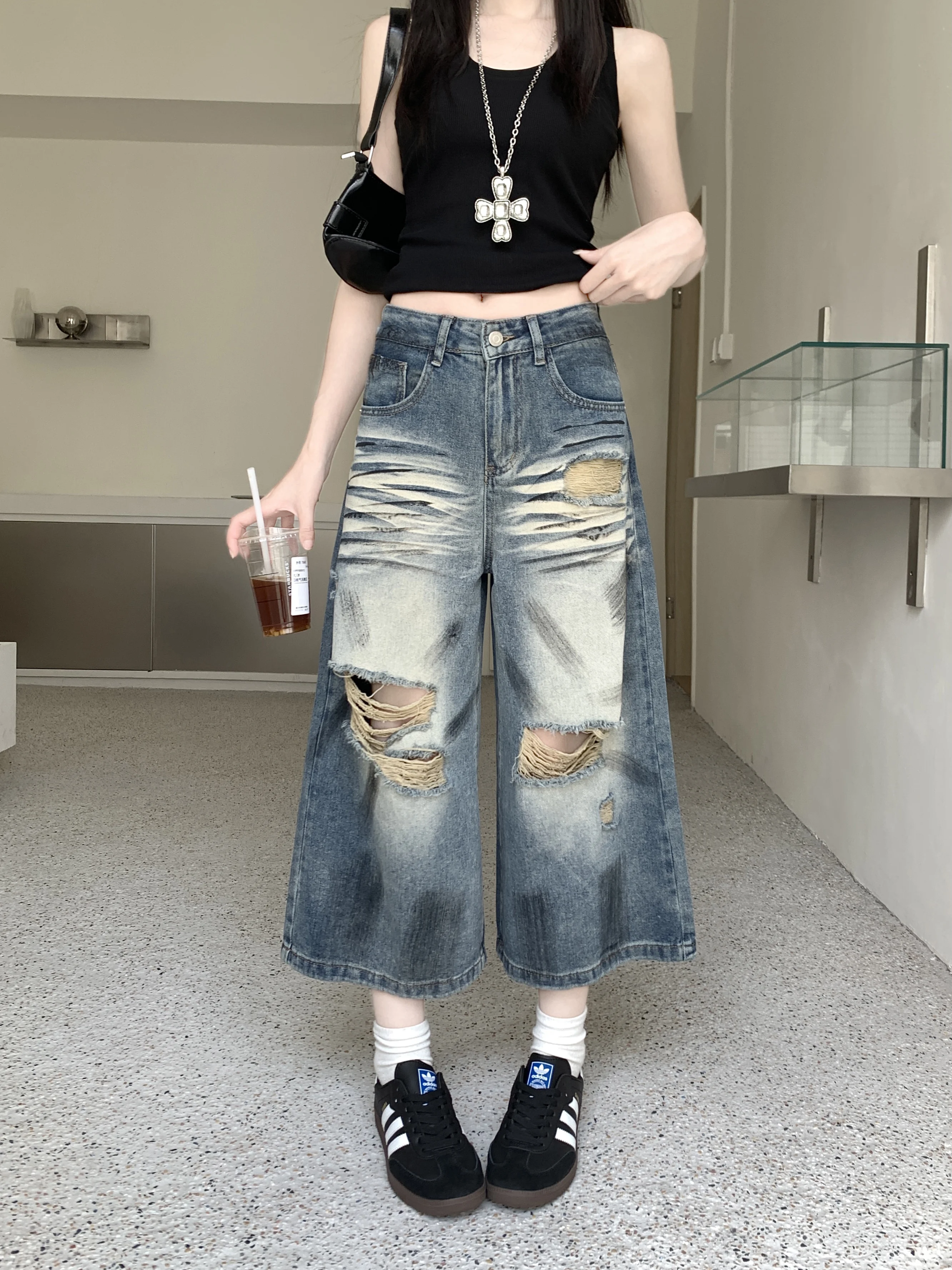 

2025 Distressed Ankle-length Women Jeans Loose Wide-leg Washed Painted Design Long Pants Casual Vintage Korean Street Clothing