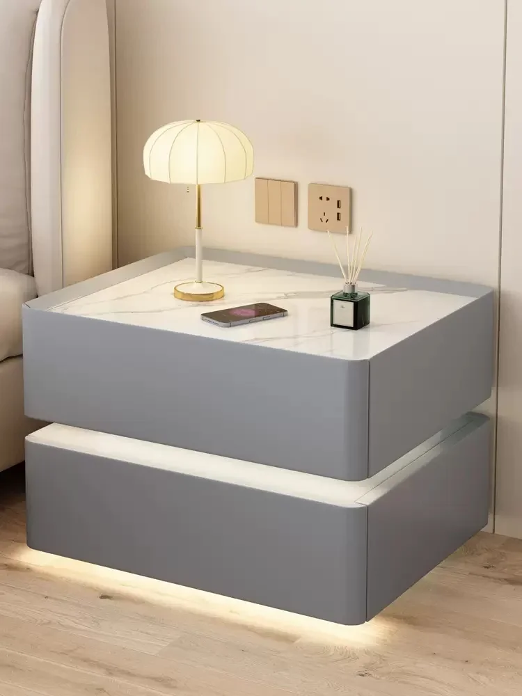 Modern Style Solid Wood Bedside Table with Wireless Charging Smart 2 Drawers Bedroom Nightstands with Lock