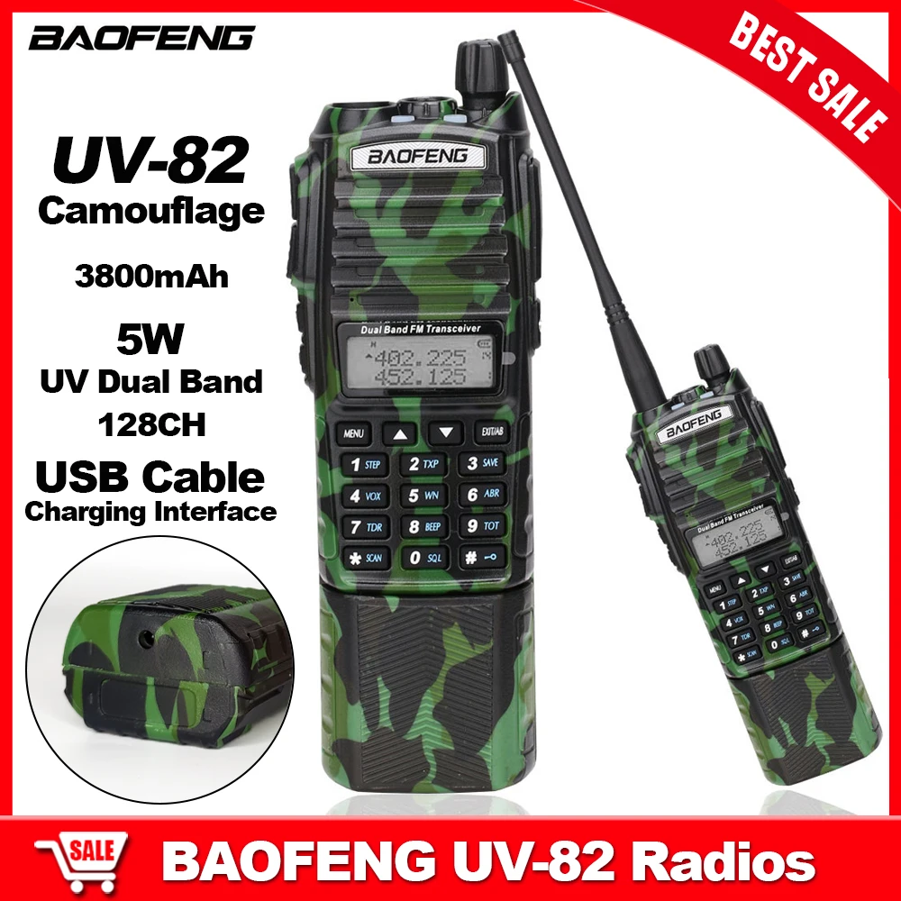 

BAOFENG UV-82 Camouflage Long Walkie Talkie 5W UV Dual Band 128CH 3800mAh Support USB Cable Charging UV82 Two Way Radios BF-UV82