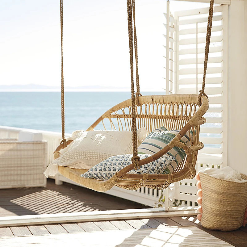 High Quality Patio Garden Tropical Ceiling Double Two Seater Love Seat Bamboo Natural Cane Rattan Hanging Swing Chair