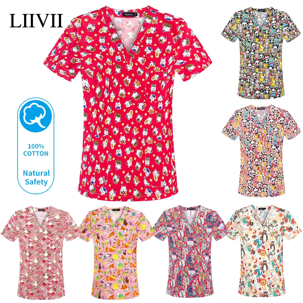 Pet Veterinary Cartoon Printing Medical Clothings For Slim Fit Uniforms Enfermera Uniformes Clinicos Mujer Dental Salon Workwear