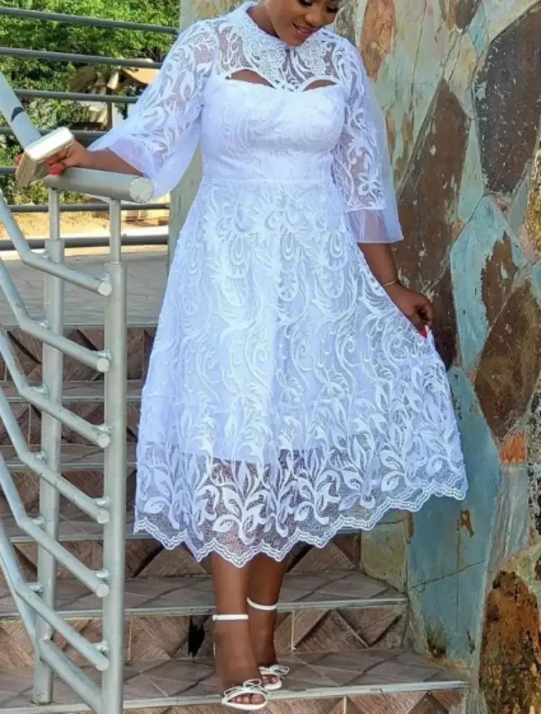 

2024 African Lace Dresses for Women Puff Sleeve Robes Summer Fashion White Sexy Hollow Africa Midi Dress Dashiki Africa Clothing