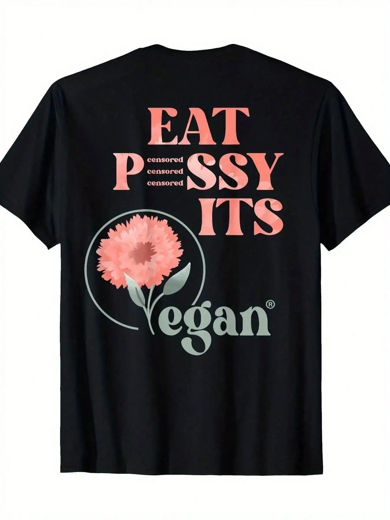 

Men's Vegan Graphic T-Shirt, Black Crew Neck Tee with "Eat Pissys & Its" Slogan & Pink Watercolor Floral Design, All-Season