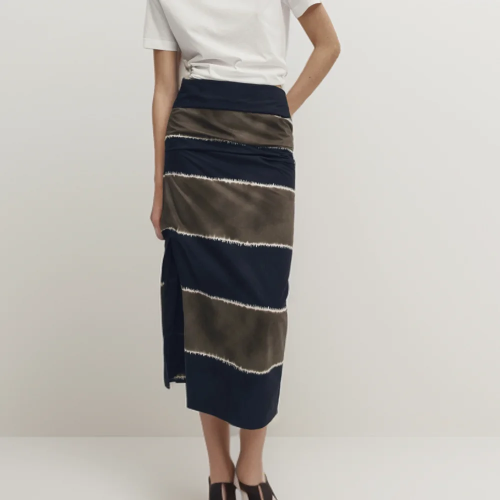 Cos Lris 2024 Summer Women\'s French Retro Contrast Color Striped Side Slit High Waist Straight Skirt