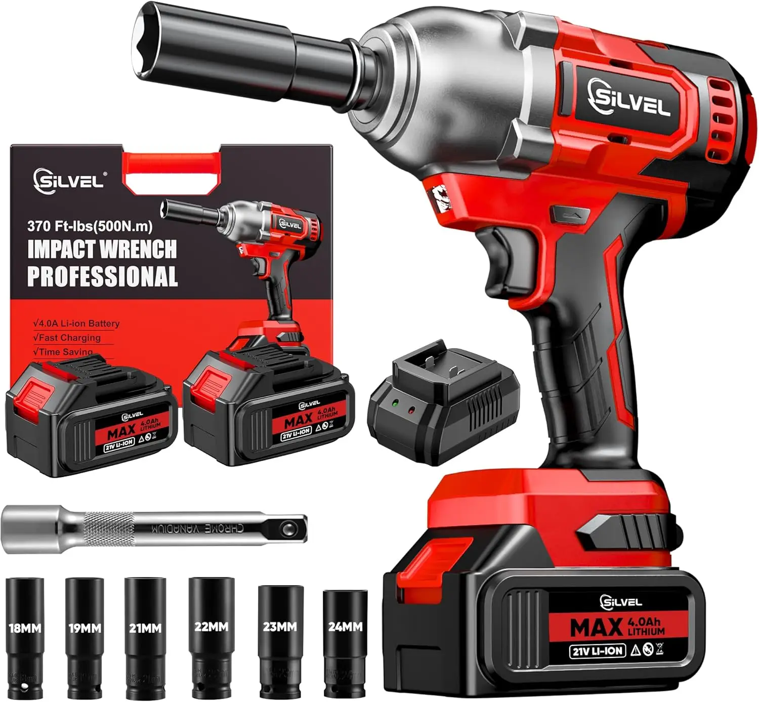 

Cordless Impact Wrench, MAX 500N.M Brushless Impact Gun 1/2 inch, 2 * 4.0Ah Battery, 6 Sockets, 3200RPM Impact Driver wih Fast C