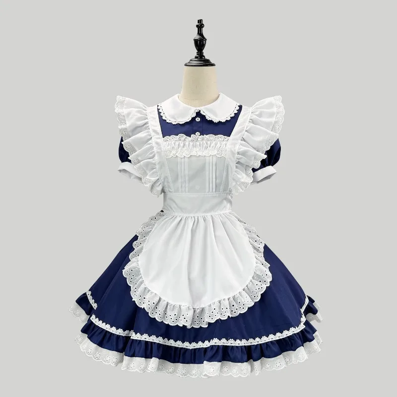 IOOTIANY Marineblau-weißes Dienstmädchen-Lolita-Kleid mit Schürze und Spitzenbesatz, Halloween-Party, süße Lolita-Kleider, Kellnerin-Cosplay-Kostüm – Detail 7