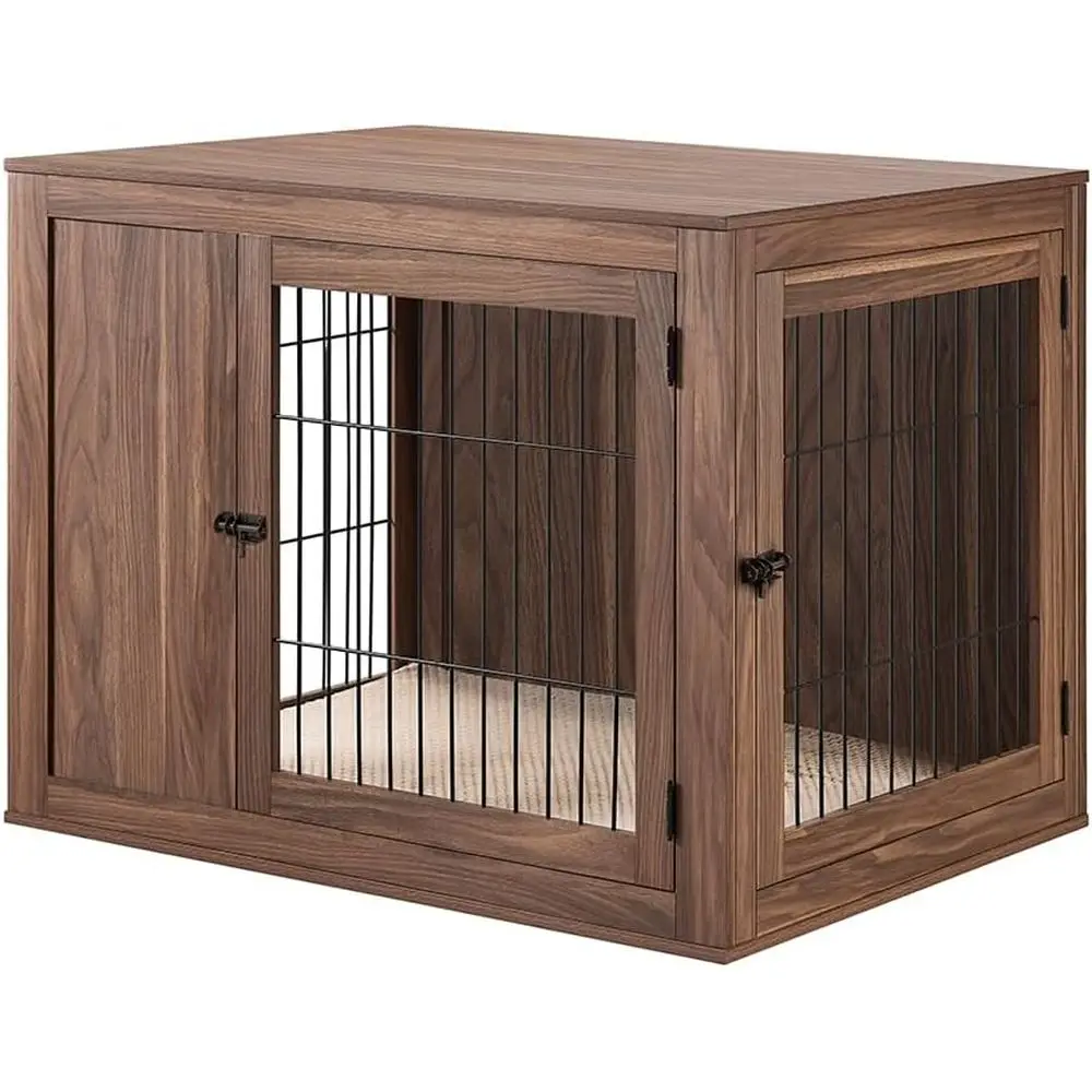 

Medium-Large Dog Crate - Elegant Wooden & Wire Indoor Kennel, Stylish Nightstand, Walnut Finish