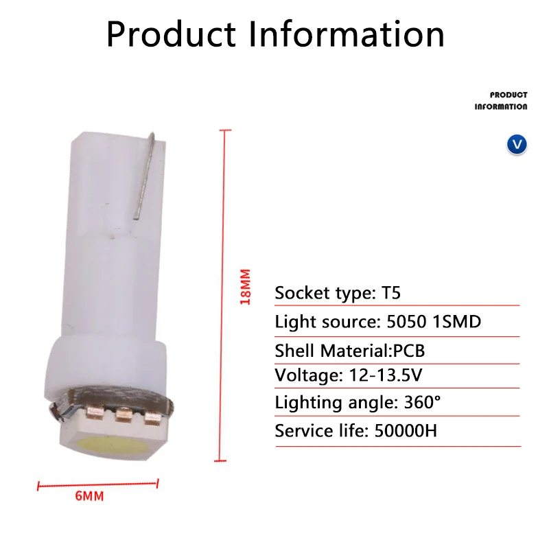 5PCS Car T5 W3W LED Instrument Lights 5050 Chip DC 12V Wide angle Design   Auto interior Dashboard Warning Indicator Gauge Lamp
