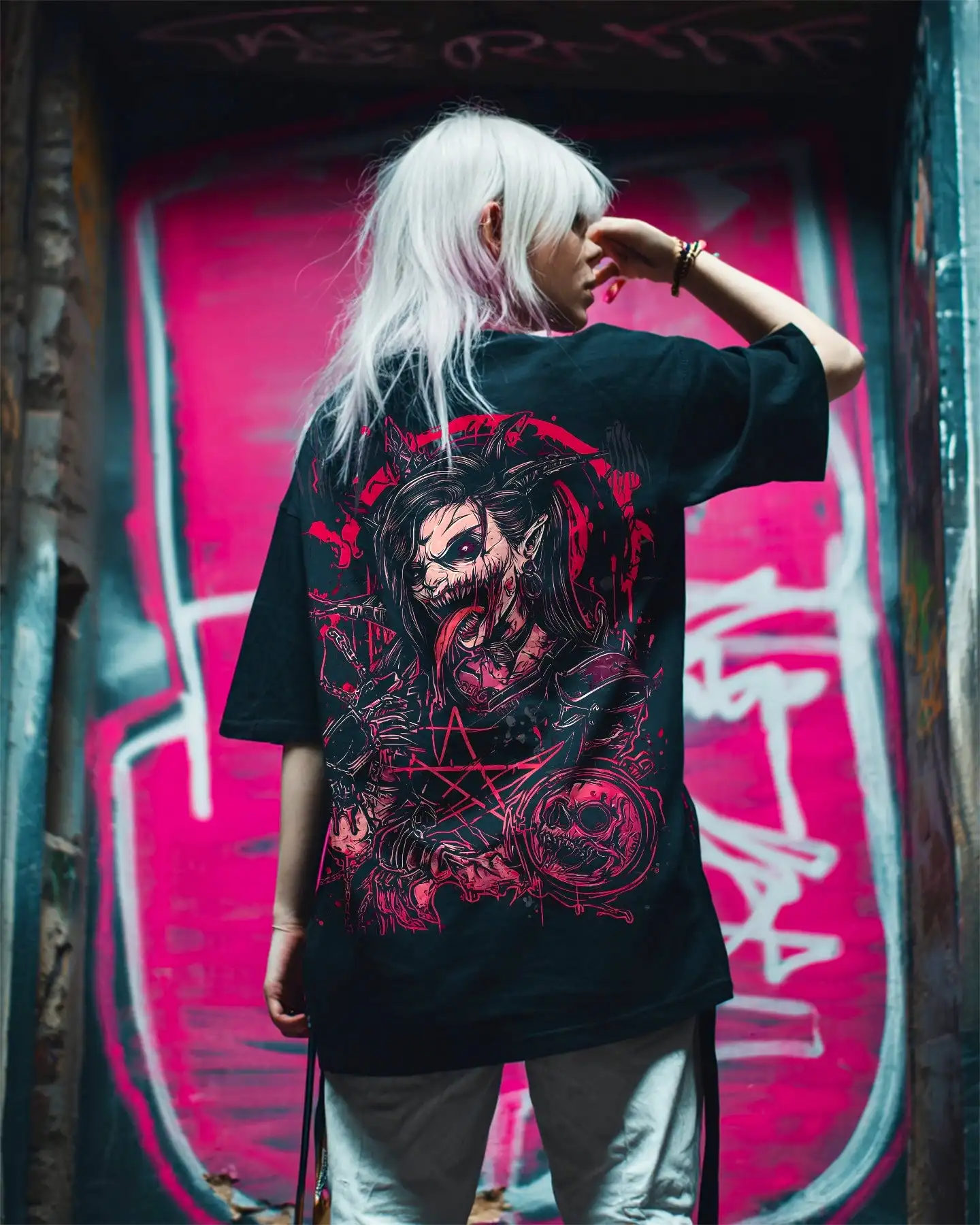 Red and Black Devil Girl Skull Pentagram Large Back Printed Men's T-shirt Gothic Mystery Dark Punk Street Wear Casual Top