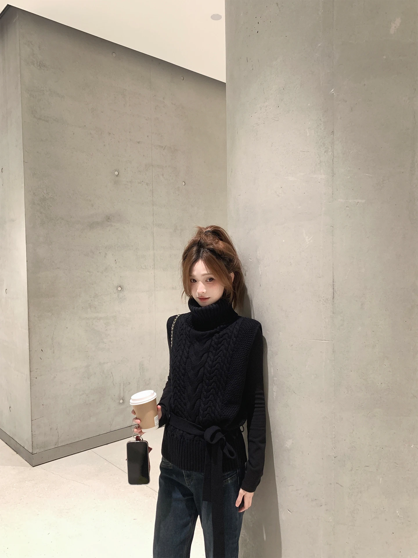 

Zzhen Vintage High Collar Svel Knitted Sweater Tango Twist Bla Base Layer Top Women's Loose Fit Soft Cotton Knitwear