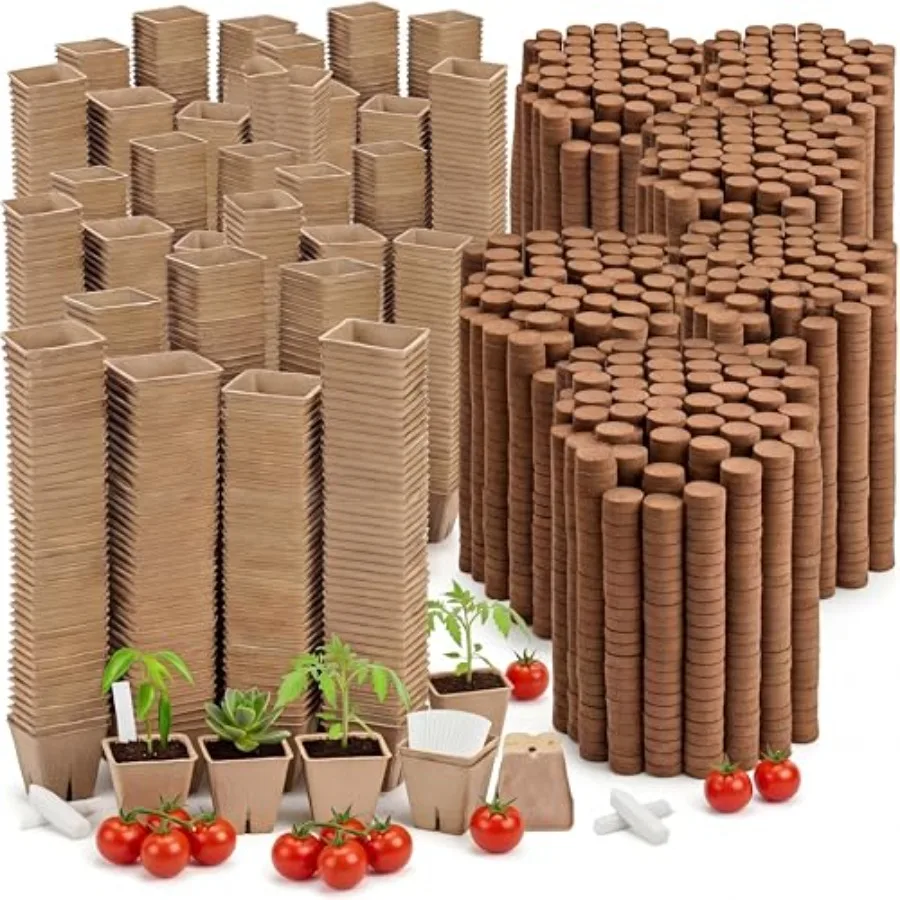 Seed starter kit for gardening: 1000 biodegradable square peat pots 2.36,compressed coir fiber soil, brown, eco-friendly germin