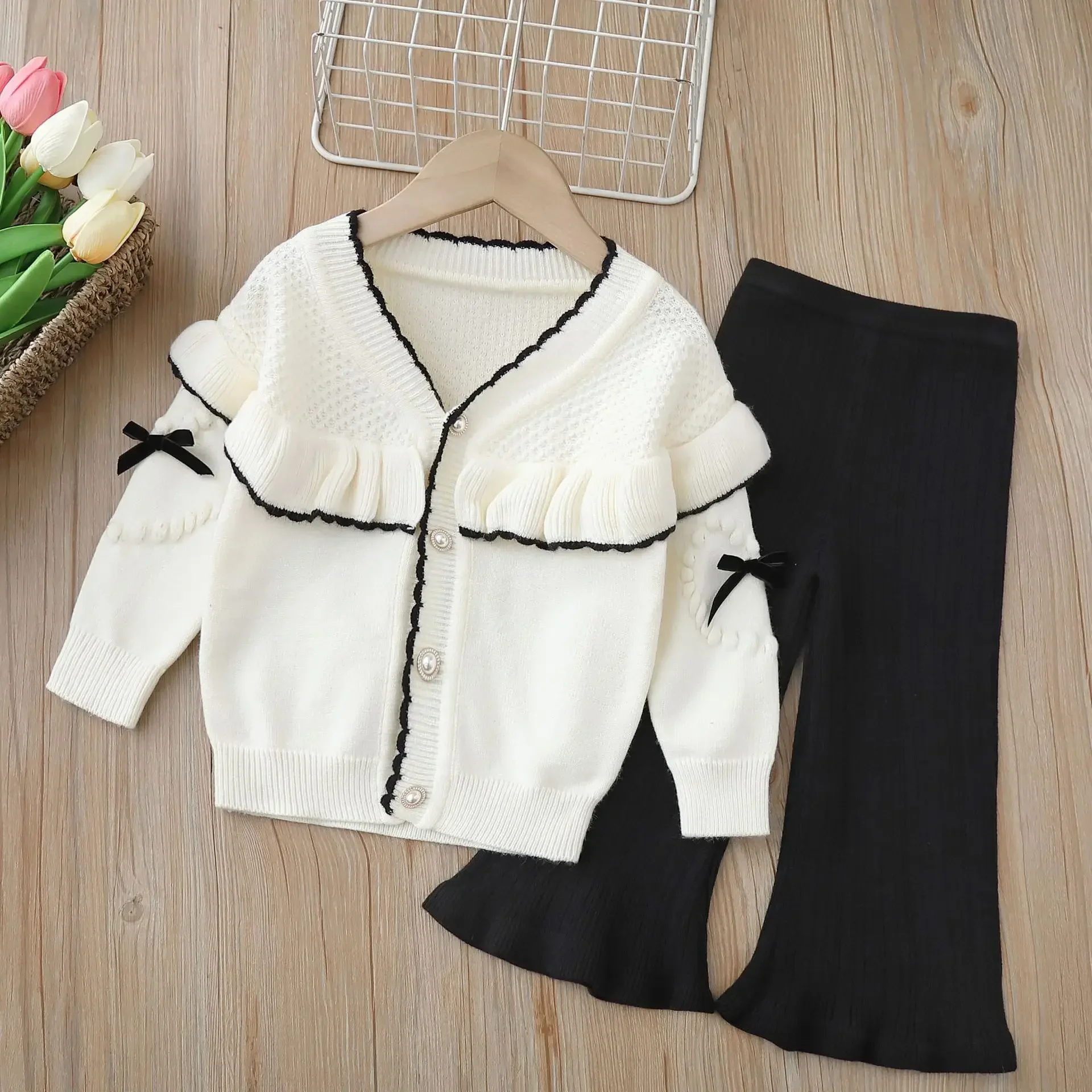 Childrens Sets Sweater Cardigan Two Piece Set Knitted Jacket 2024 Autumn/Winter New Girls Knitted Outer Sweater Loose Coat