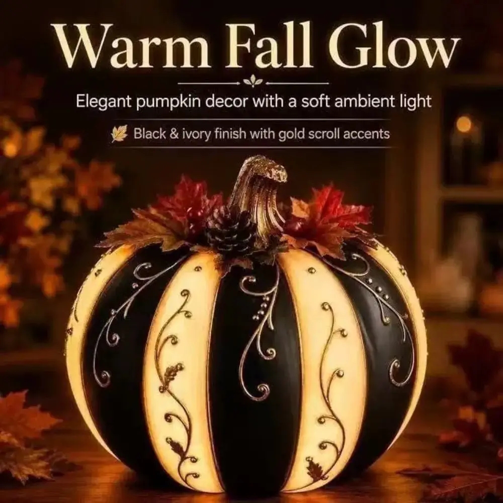 Black White Stripe Pumpkin Decoration Black White Striped Design Golden Floral Pattern Light Up Pumpkin Creative Design