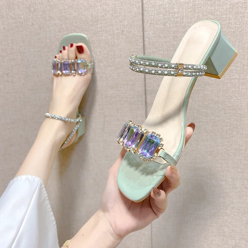 Fashion Rhinestone Sandals for Women Summer 2024 Square Heels Open Toe Slippers Woman Transparent PVC Jelly Sandal Mujer