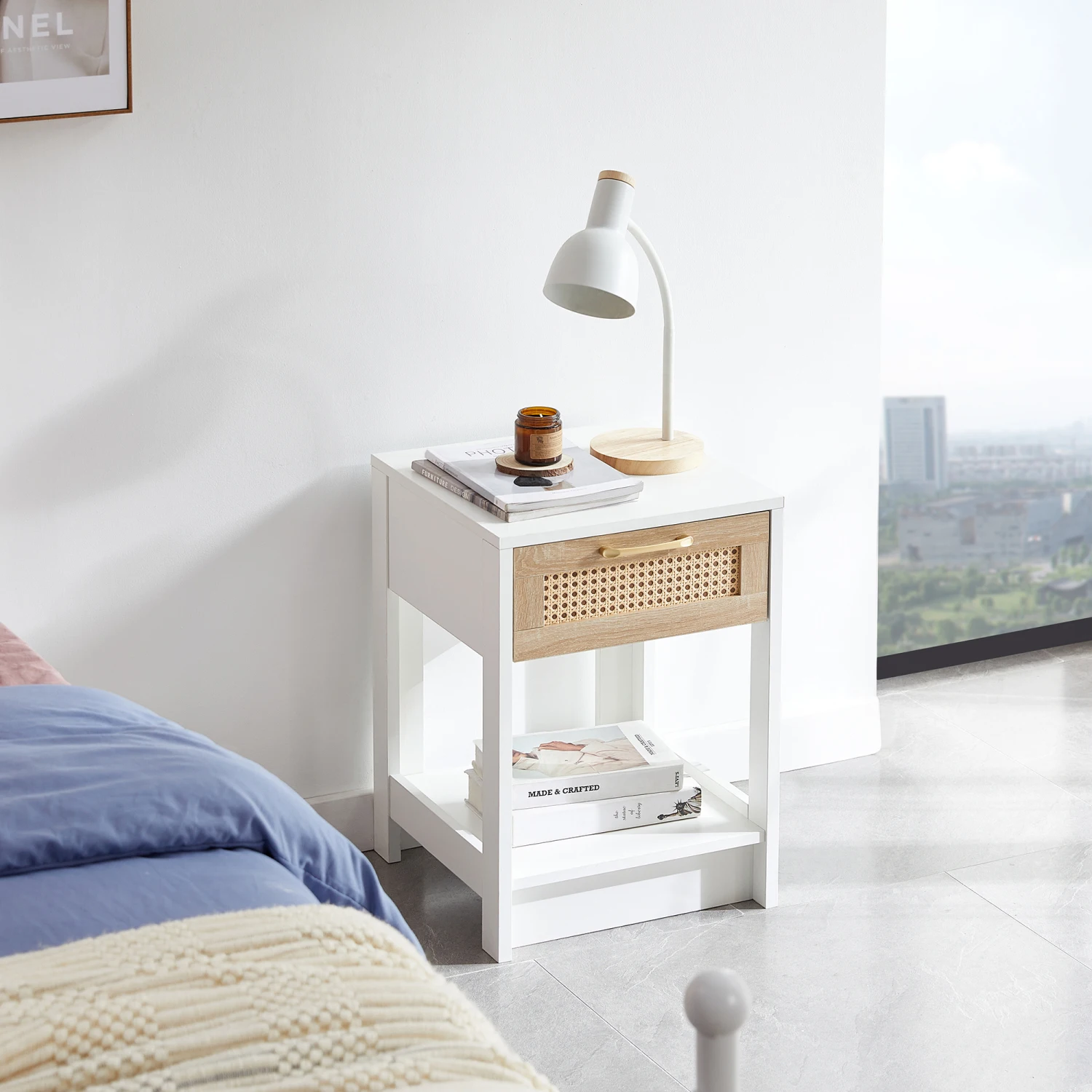 

Rattan End Table with Drawer, Modern Nightstand for Living Room/Bedroom, White