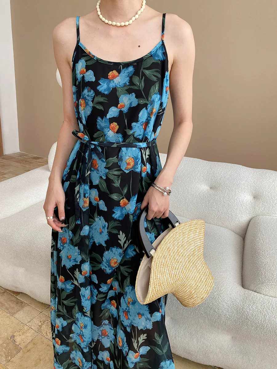 Peinture à l'huile française florale à lacets taille cintrée minceur tempérament robe Camisole