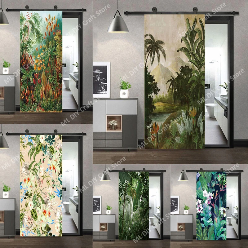 

Forest Green Geometric Door Sticker Self-adhesive Waterproof Tropical Scenery Home Room Door Bag Mural Wallpaper Door Stickers