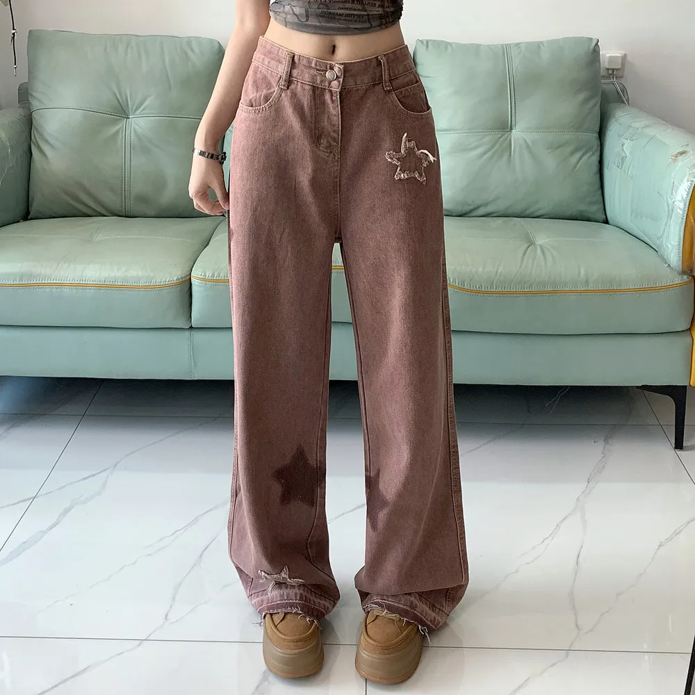 2024 Woman High Waist Embroidery Loose Washed Vintage Straight Leg Pants Lady Red Star Patches Oversized Slim Patchwork Trousers