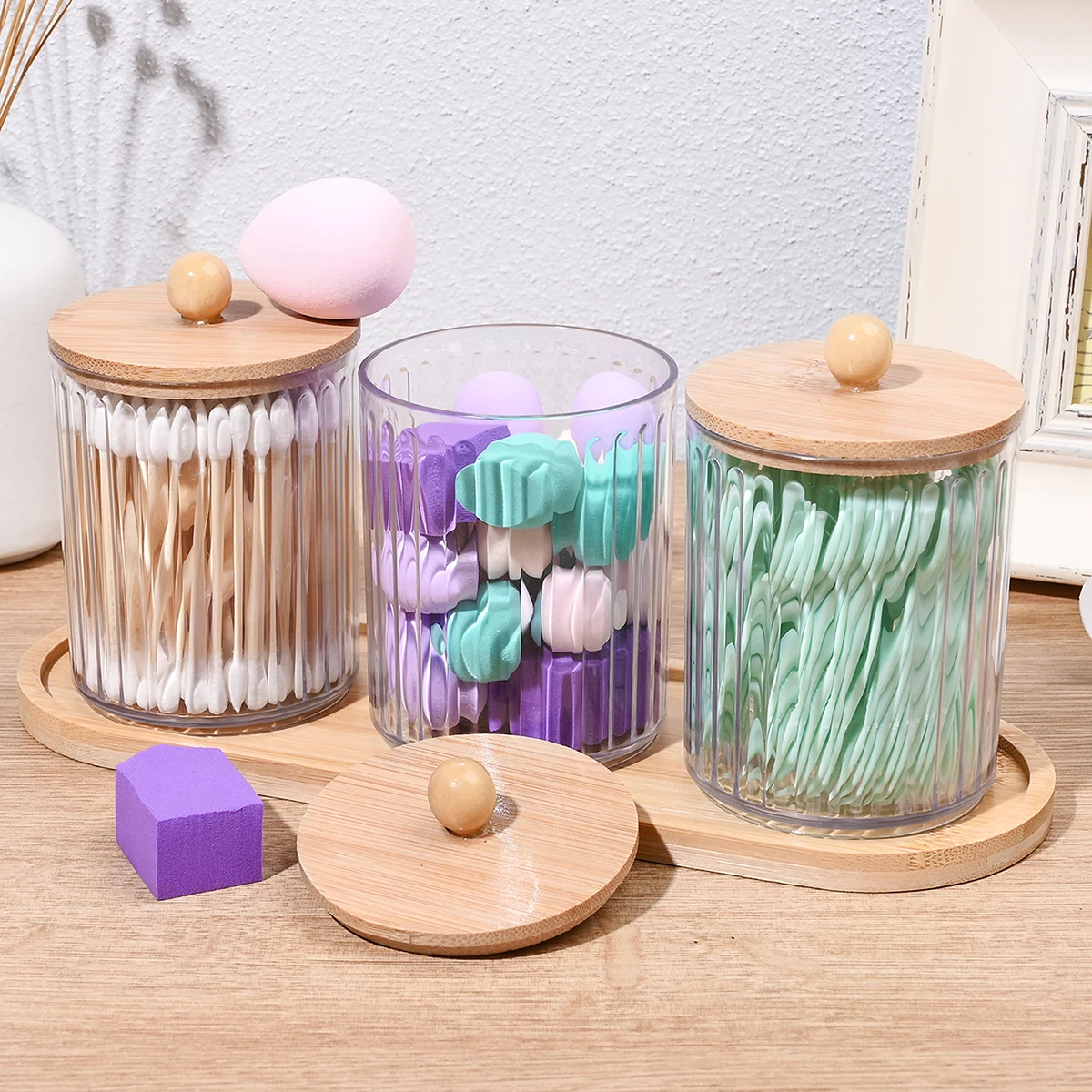 3pcs Bathroom Jars with Wooden Tray Qtip Cotton Swabs Round Pads Holder Dispenser Clear PET Cotton Balls Storage Container