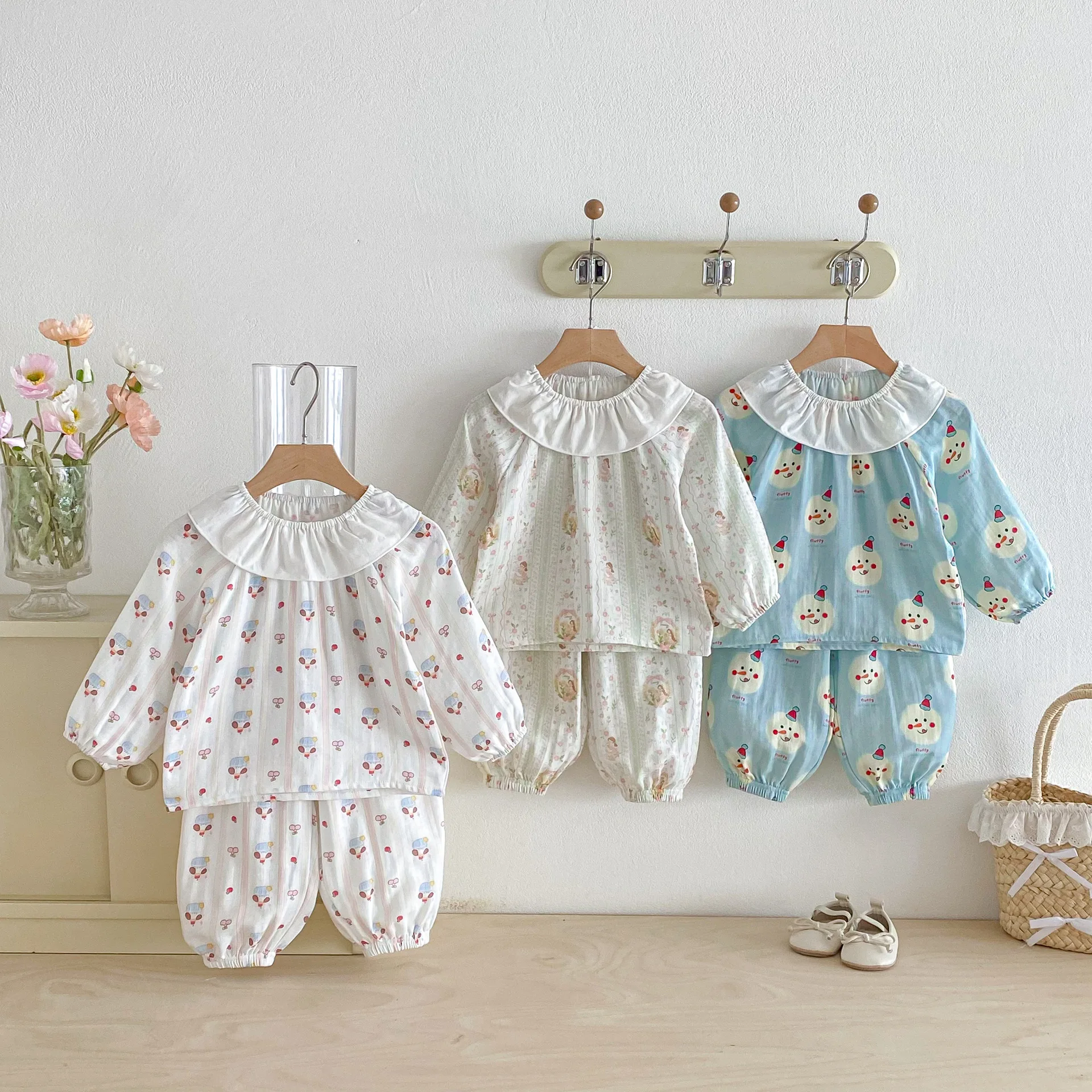 

2026 Spring New Children Long Sleeve Home Clothes Set Girls Cute Lapel Pajamas 2pcs Suit Kids Cotton Soft Comfortable Outfits