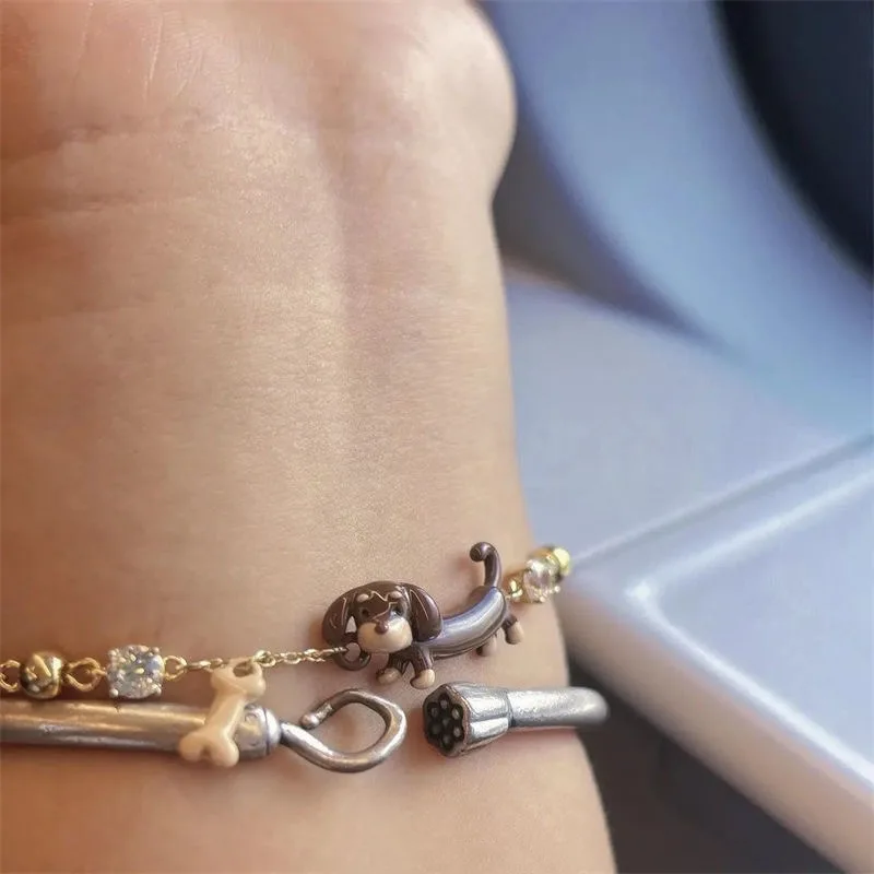 Stainless Steel Dachshund Sausage Dog Charm Bracelet Beaded Chain For Women Pet Lover Jewelry ﻿