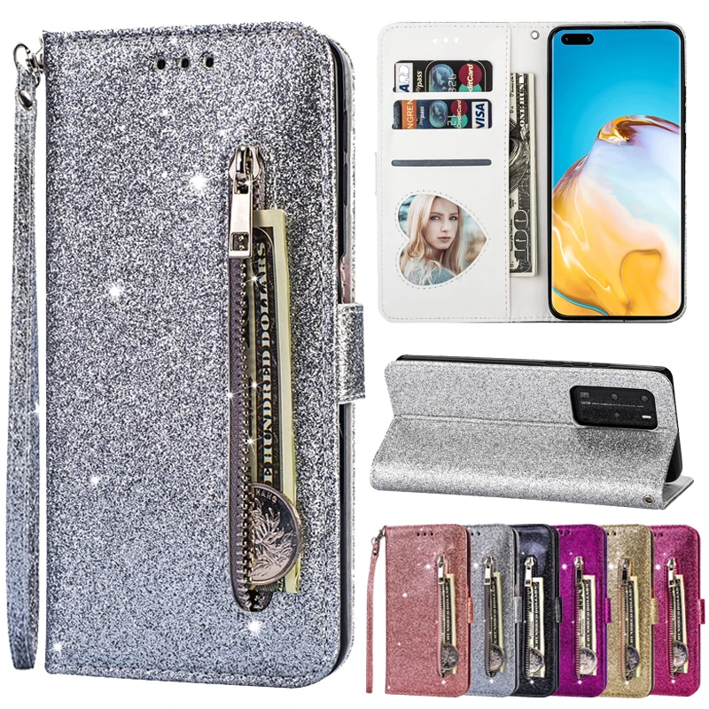 Fashion Glitter Leather Wallet Flip Case Cover For Huawei P40 P30 Pro P20 Lite P Smart 2019 Mate 50 20 Pro 10 Lite Y7 2019 Cover